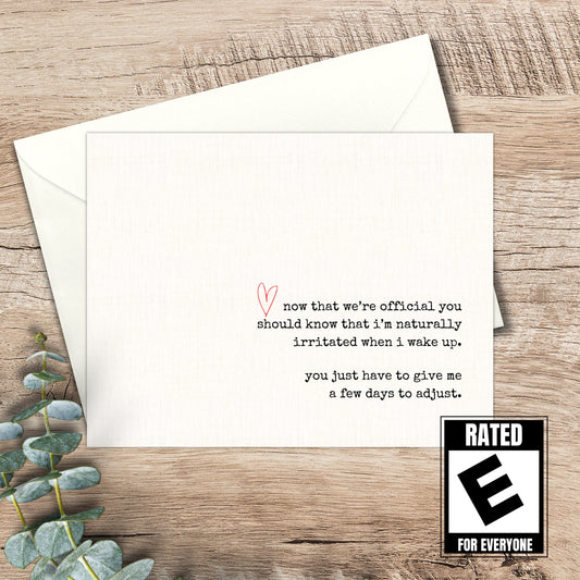 humorous card for boyfriend / girlfriend / snarky card / sarcastic card / new relationship card / morning person / funny card for new man