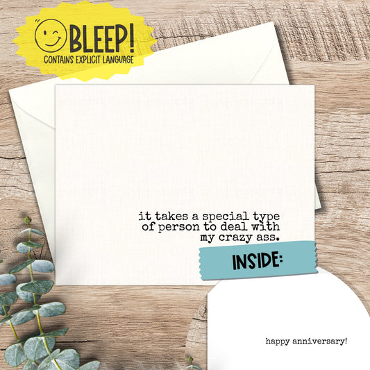 Funny Anniversary Card: Snarky 'Crazy Ass' Card for Husband or Wife